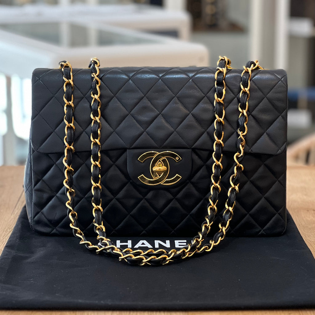 Chanel Black Chevron Lambskin Maxi Jumbo XL Classic Single Flap Gold Hardware, 1991-1994 (Very Good), Womens Handbag