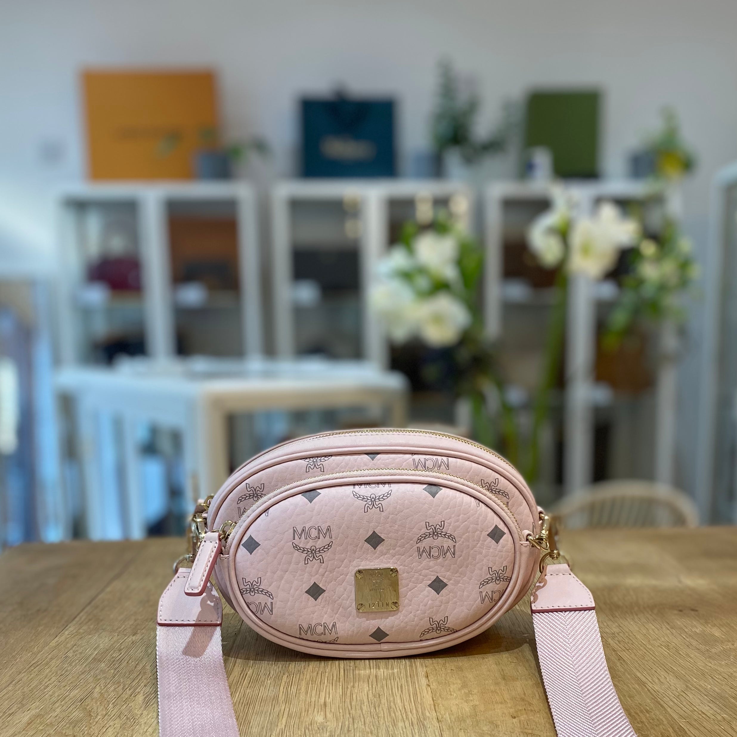 Pink mcm belt bag sale