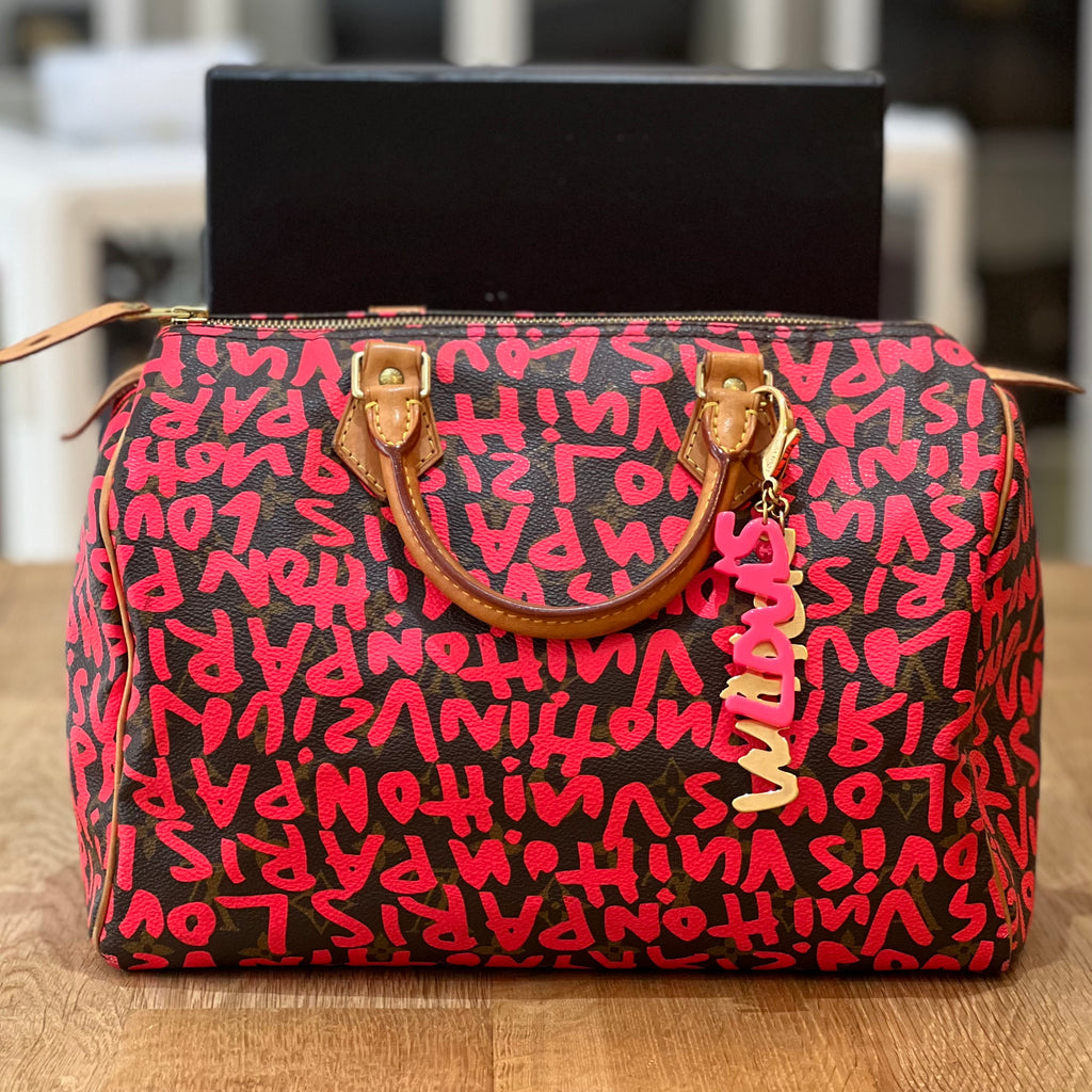 Louis Vuitton Graffiti Speedy 30 Gold Hardware, Graffiti Zip Wallet, and Charm, 2009, Brown/Pink Womens Handbag