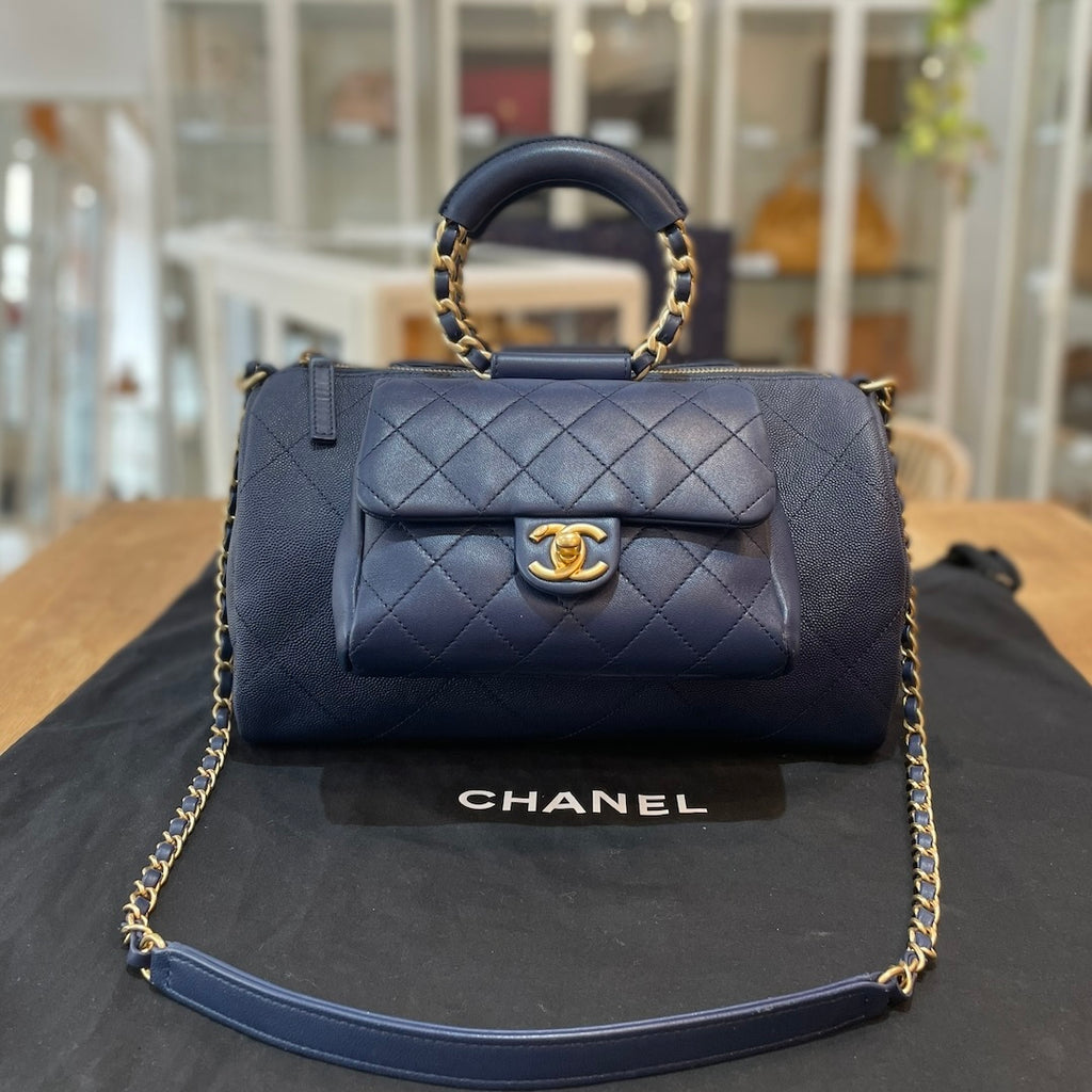 Chanel - Navy Leather Chevron Cruise 2016 Bowling Bag